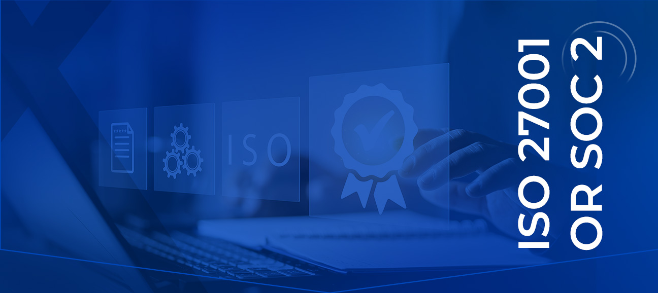 ISO 27001 or SOC 2. The image depicts a technological and professional scene where a person is using a laptop. Overlaying the screen are transparent icons related to quality standards and certifications. From left to right, the icons include a document with stars, gears, the letters "ISO," and a certificate symbol with a check mark. The person's hand is interacting with these virtual icons, suggesting the management and certification of quality in a digital environment. The scene conveys an atmosphere of precision and professionalism focused on compliance with international standards.